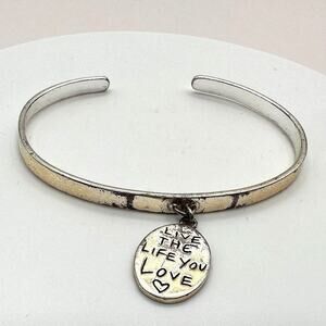 Vintage 90s Silver Tone Hand Bracelet Live The Life You Love Heart Charm Jewelry